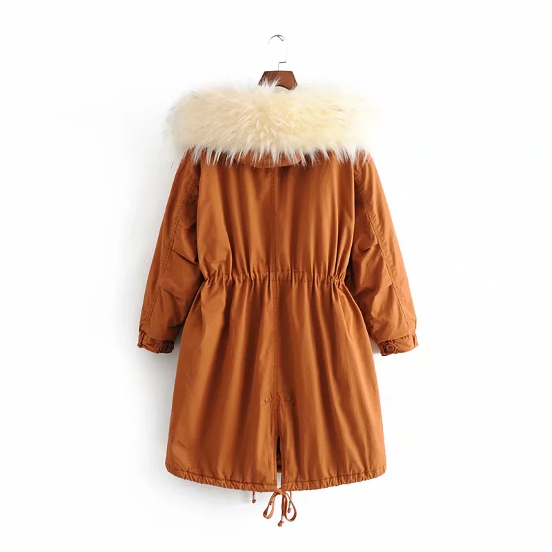 Fashion Ginger Belted Hooded Fur Collar Mid-length Parka Frock Jacket,Coat-Jacket