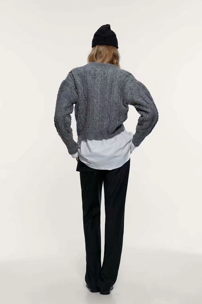 Fashion Gray Paneled V-neck Knitted Coat,Coat-Jacket