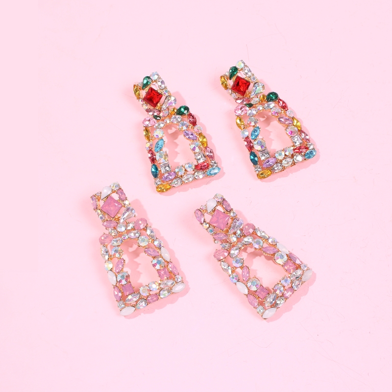 Fashion Color System Geometric Keystone Cutout Earrings With Diamonds,Drop Earrings