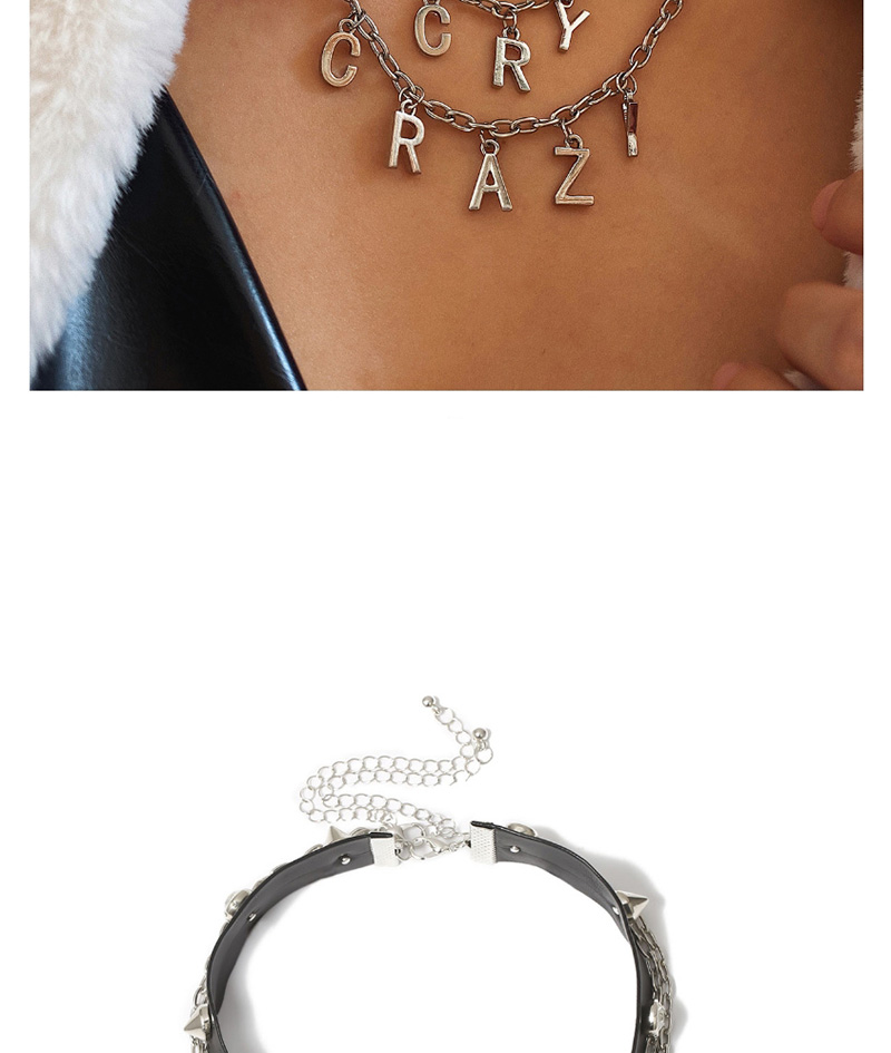 Fashion White K Pu Leather Diamond Metal Stud Alphabet Necklace Set,Multi Strand Necklaces