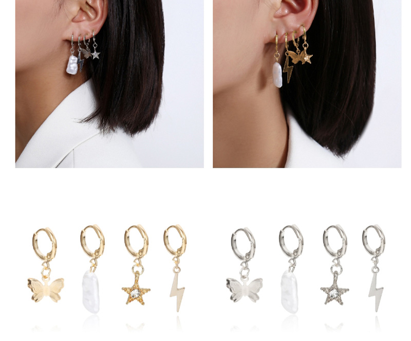 Fashion Golden Shaped Imitation Pearl Lightning Butterfly Pentagram Ear Clip,Earrings set
