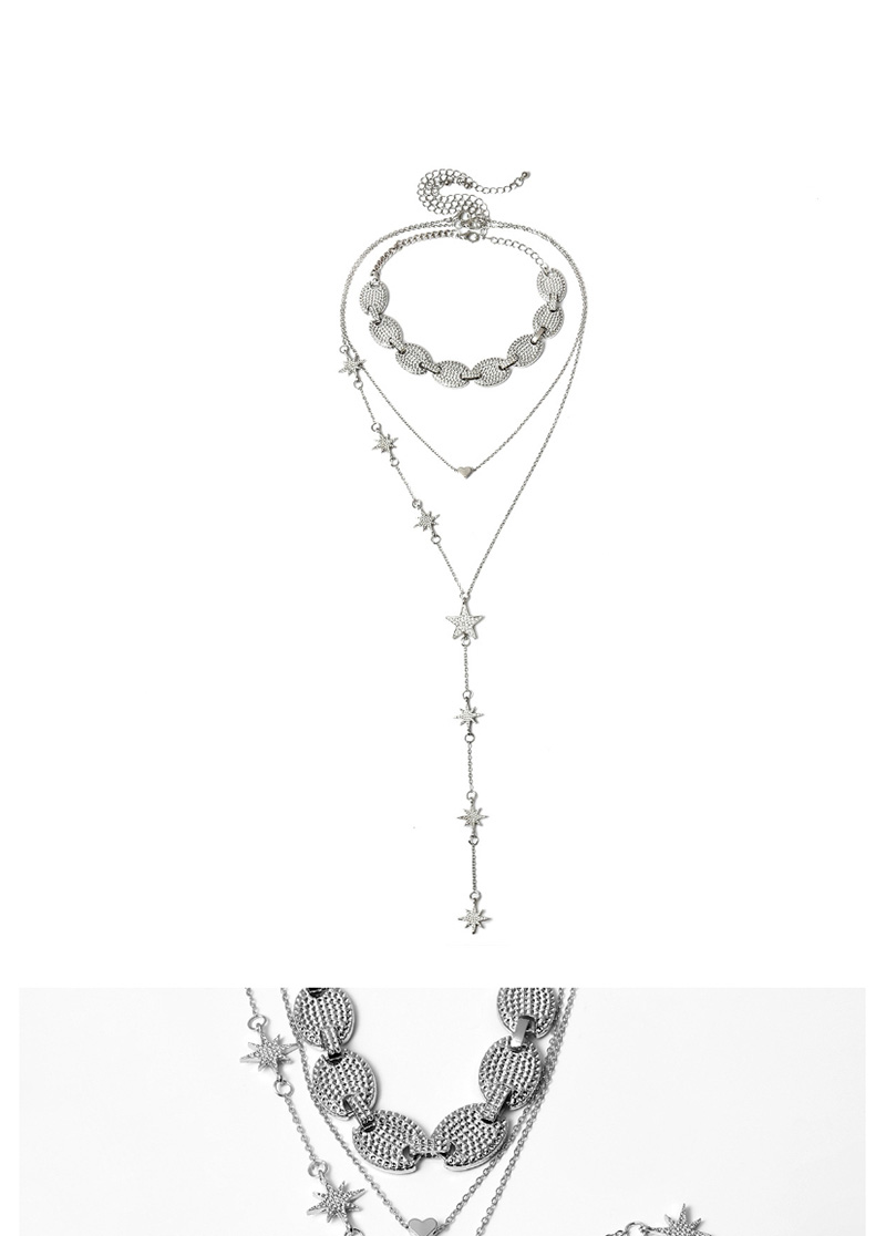 Fashion White K Love Pentagram Geometric Multilayer Necklace With Diamonds,Multi Strand Necklaces