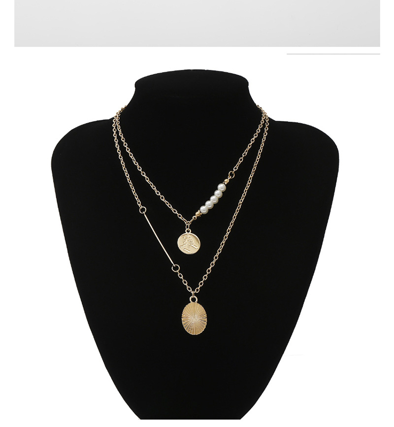 Fashion Golden Round Imitation Pearl Embossed Geometric Multilayer Necklace,Multi Strand Necklaces