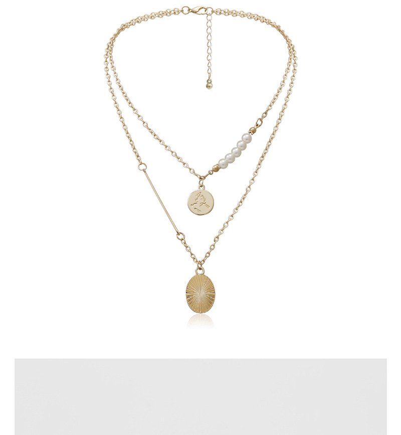 Fashion Golden Round Imitation Pearl Embossed Geometric Multilayer Necklace,Multi Strand Necklaces