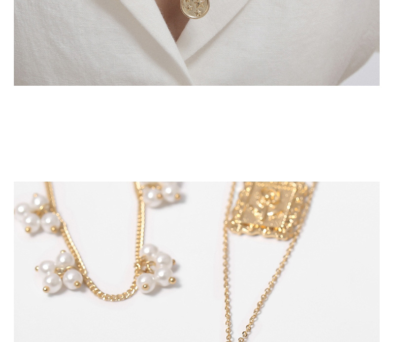 Fashion Golden Pearl Pentagram Tassel Square Embossed Flower Multilayer Necklace,Multi Strand Necklaces