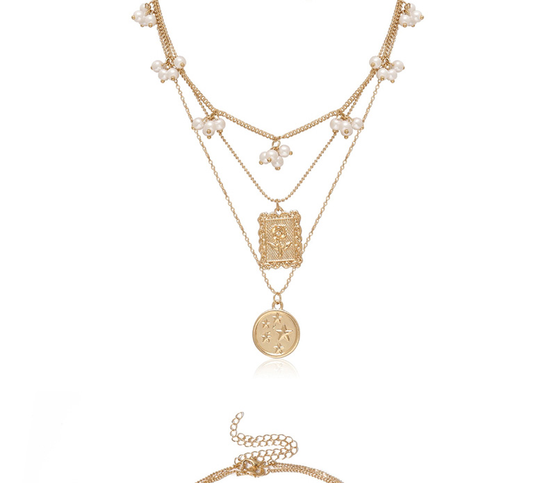 Fashion Golden Pearl Pentagram Tassel Square Embossed Flower Multilayer Necklace,Multi Strand Necklaces
