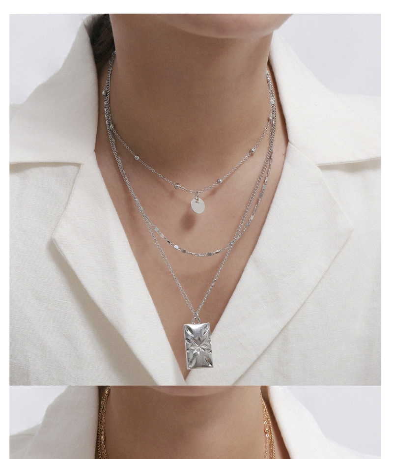 Fashion White K Sequin Chain Carved Flower Square Multilayer Necklace,Multi Strand Necklaces
