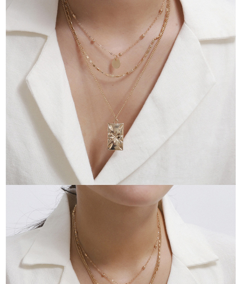 Fashion Golden Sequin Chain Carved Flower Square Multilayer Necklace,Multi Strand Necklaces