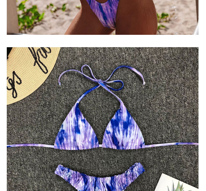 Fashion Purple Tie-dye Halter Pleated Split Swimsuit,Bikini Sets