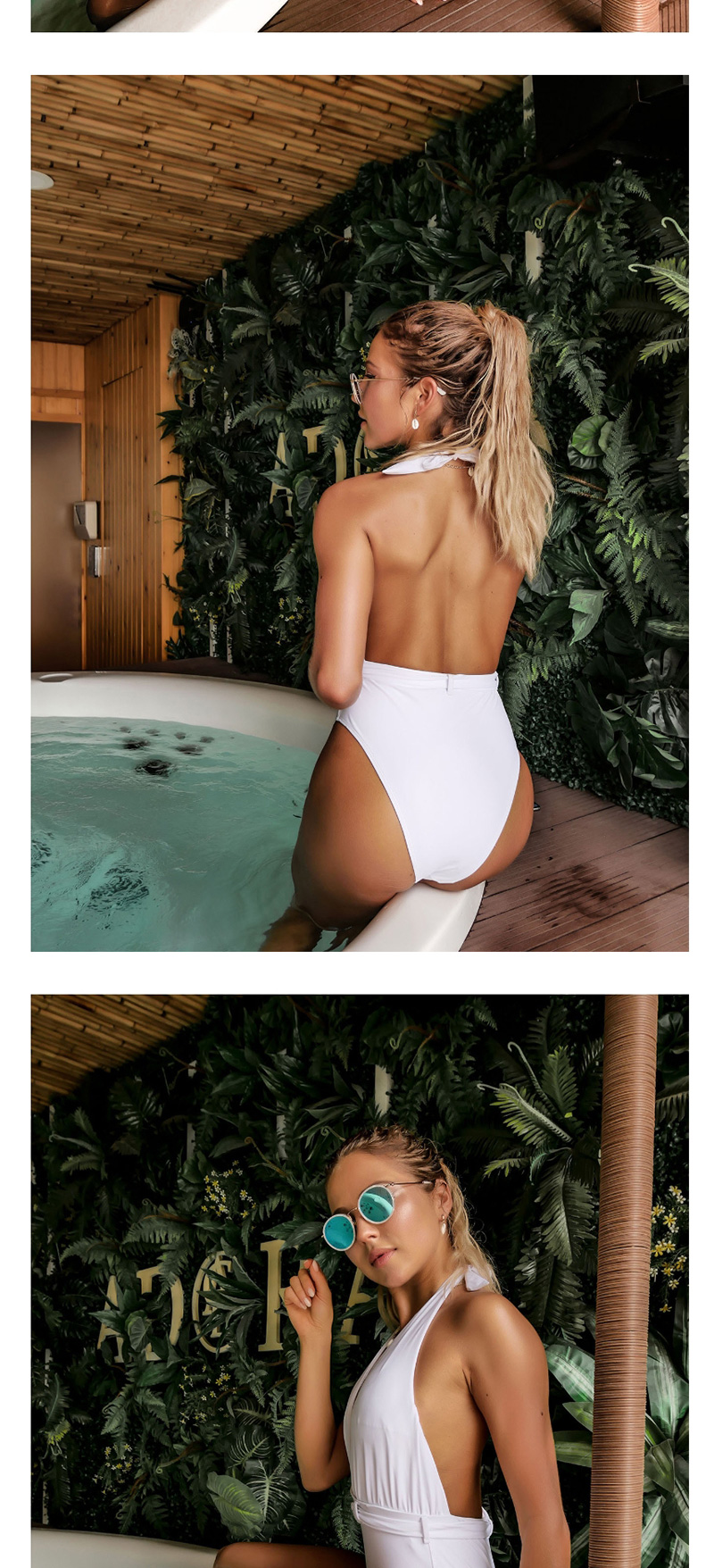 Fashion White V-neck Halter One-piece Swimsuit,One Pieces