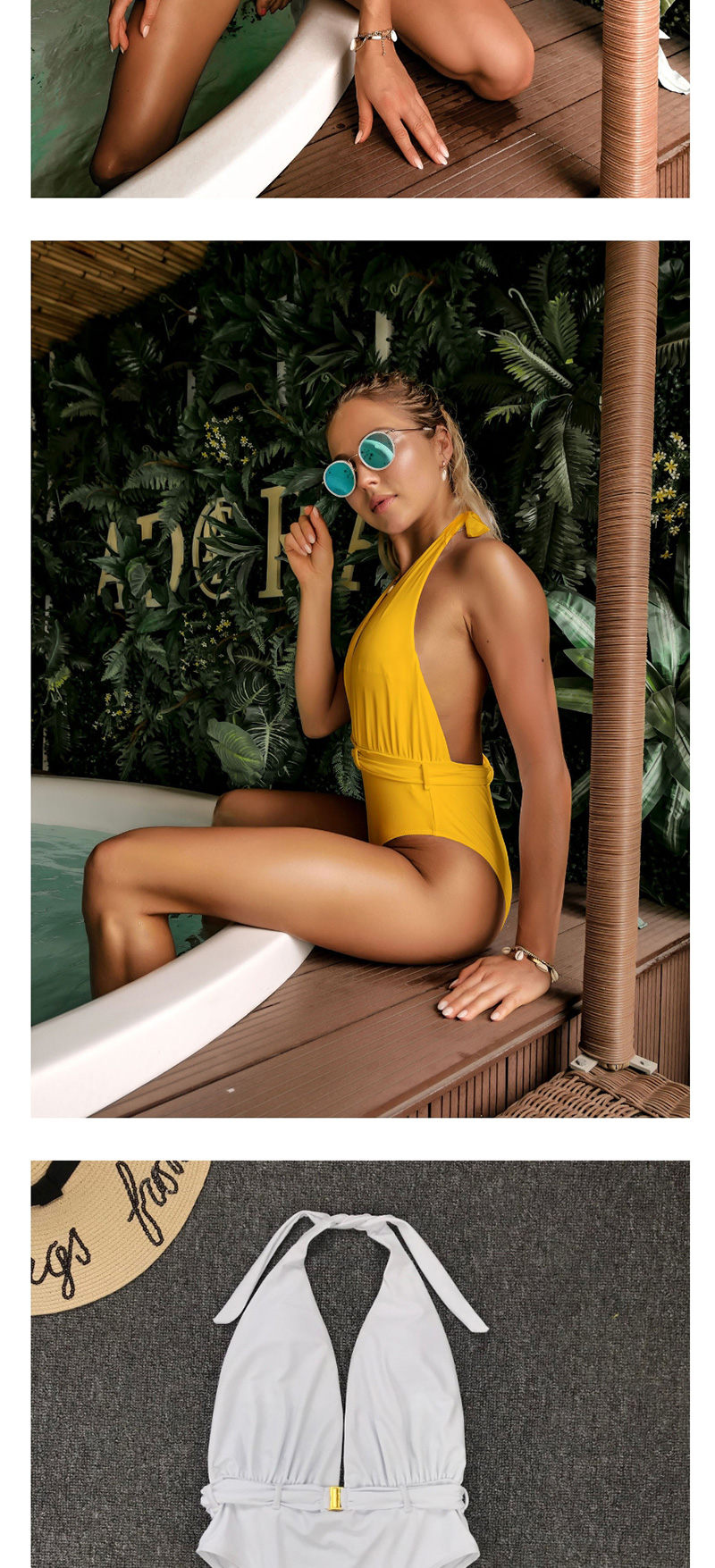 Fashion Yellow V-neck Halter One-piece Swimsuit,One Pieces