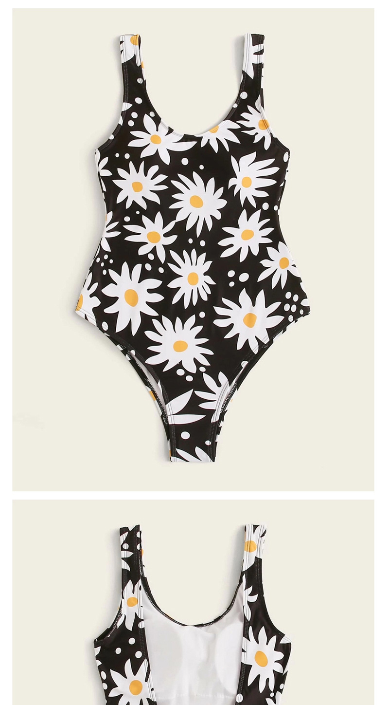 Fashion Black Daisy Print Big Backless One-piece Swimsuit,One Pieces