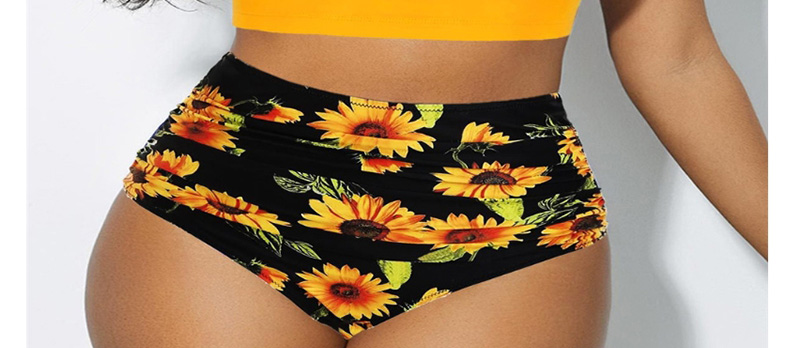 Fashion Yellow Printed Pleated High Waist Plus Size Split Swimsuit,Bikini Sets