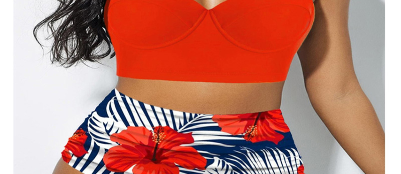 Fashion Red Printed Pleated High Waist Plus Size Split Swimsuit,Bikini Sets