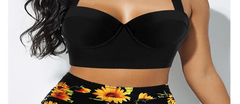 Fashion Black Printed Pleated High Waist Plus Size Split Swimsuit,Bikini Sets