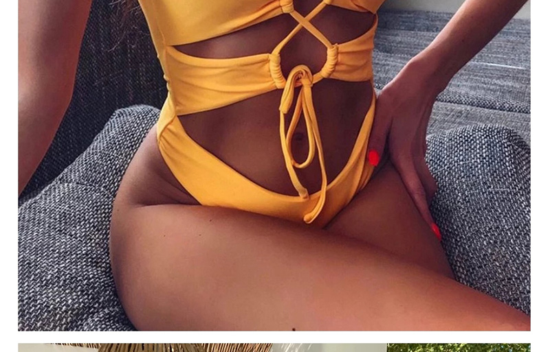 Fashion Yellow Tie Strap Cutout One-piece Swimsuit,One Pieces