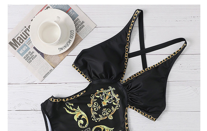 Fashion Black Printed V-neck Cutout Back Swimsuit,One Pieces