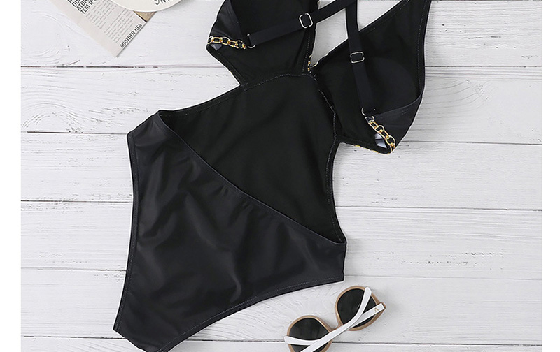 Fashion Black Printed V-neck Cutout Back Swimsuit,One Pieces