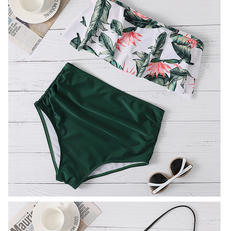 Fashion Black Top Green Leaf Pants Printed Ruffled Plus Size High Waist Split Swimsuit,Bikini Sets