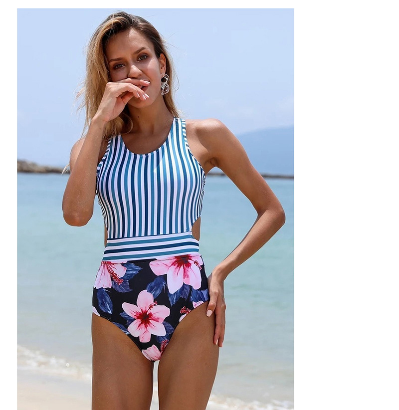 Fashion Navy Blue Floral Printed Striped Zipper Cutout One-piece Swimsuit,One Pieces