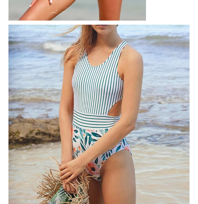 Fashion Navy Blue Print Printed Striped Zipper Cutout One-piece Swimsuit,One Pieces