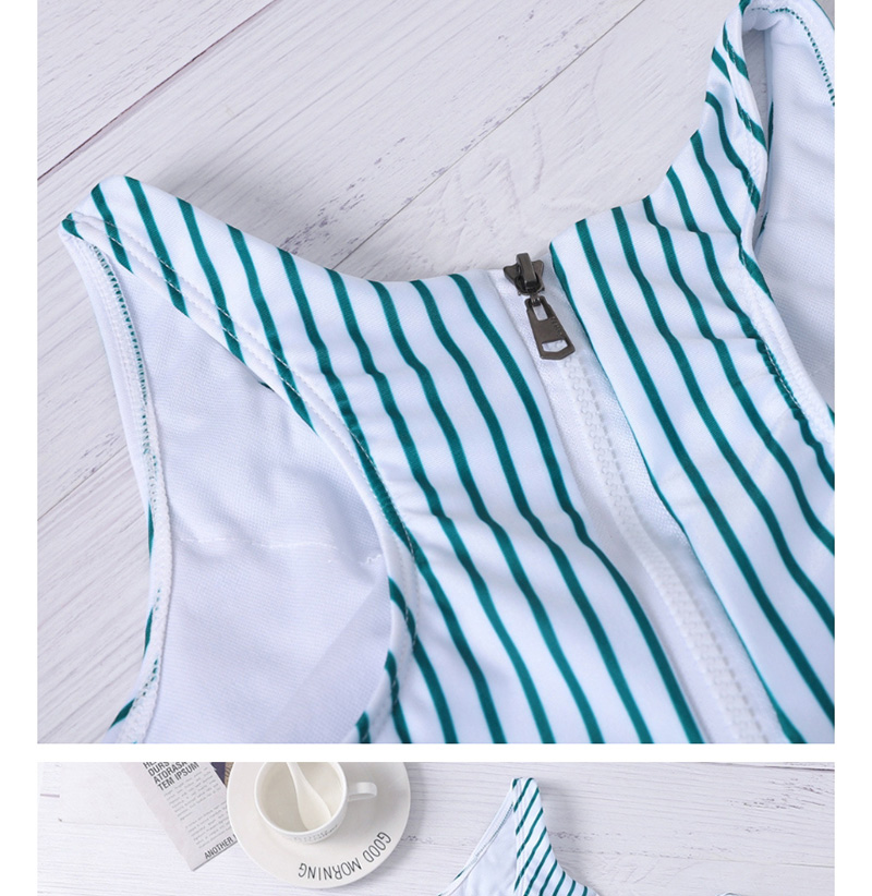 Fashion Green Bottom Print Printed Striped Zipper Cutout One-piece Swimsuit,One Pieces