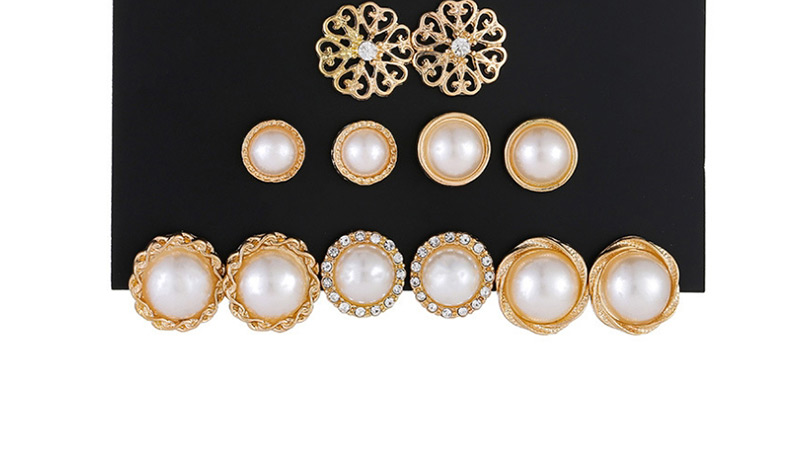 Fashion Golden Pearl Flower Hollow Alloy Pearl Earring Set With Diamonds,Earrings set