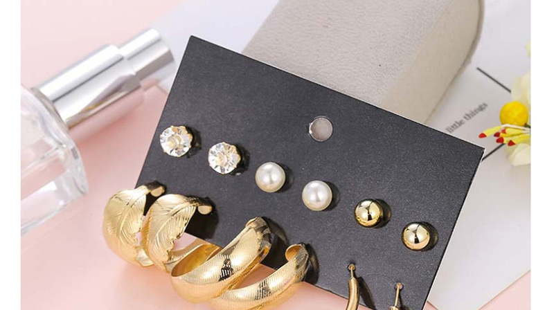 Fashion Golden Pearl And Feather Geometric Hoop Earring Set,Earrings set