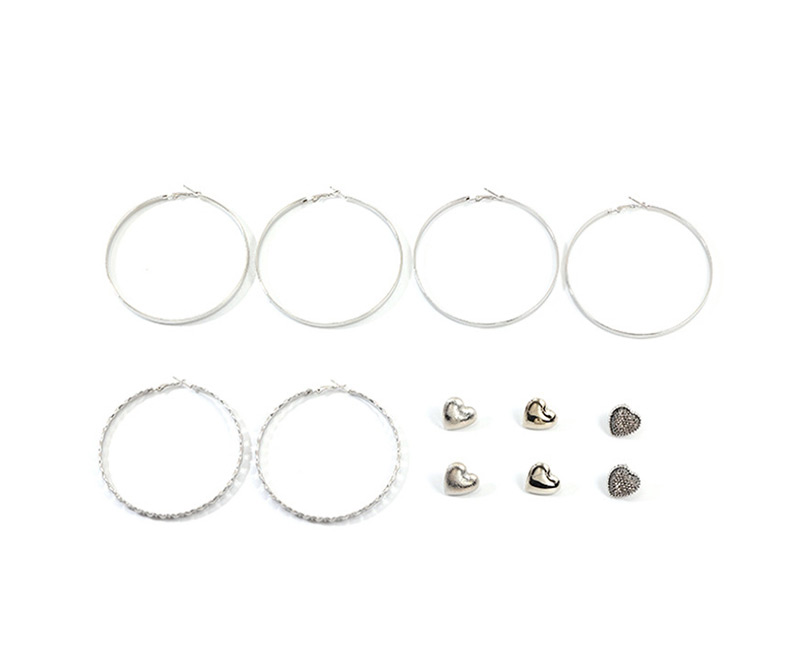 Fashion Silver Love Circle Irregular Large Ear Hoop Ear Stud Set,Earrings set