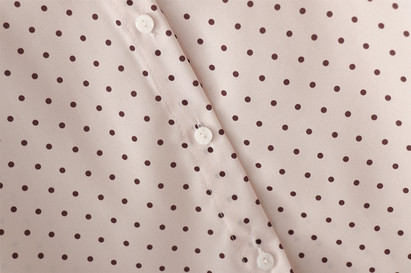 Fashion Beige Polka Dot Print Bow Long Sleeve Shirt,Tank Tops & Camis