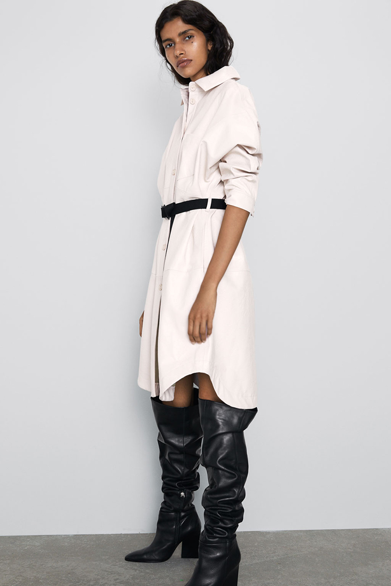Fashion Beige Faux Leather Paneled Long Shirt Coat,Coat-Jacket