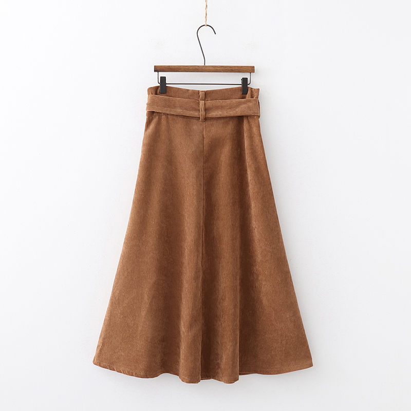 Fashion Khaki Breasted Corduroy With Belt Bow Skirt,Skirts