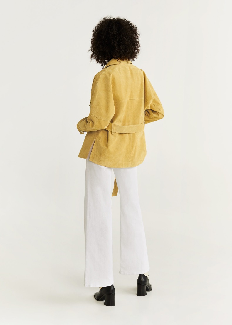 Fashion Yellow Cropped Leather Jacket With Belt,Coat-Jacket