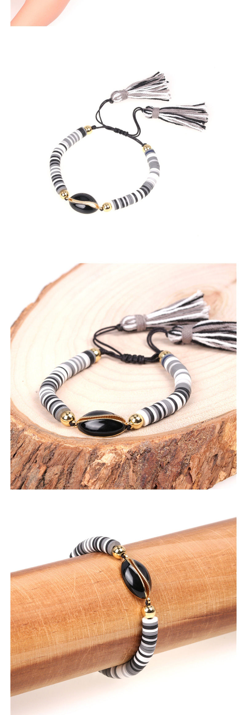 Fashion Black And White Drip Shell Contrast Soft Clay Hand-woven Tassel Bracelet,Bracelets