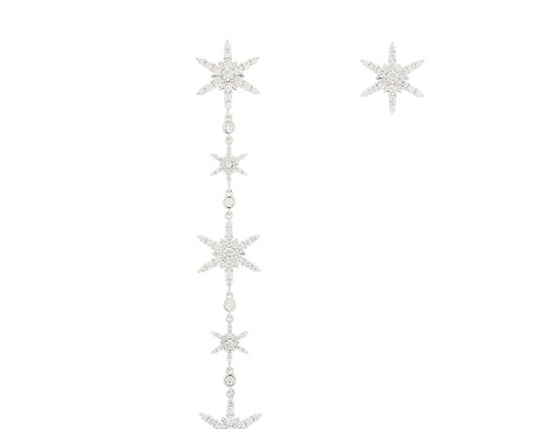 Fashion Silver Asymmetrical Fringed Snow Earrings With Diamonds,Earrings