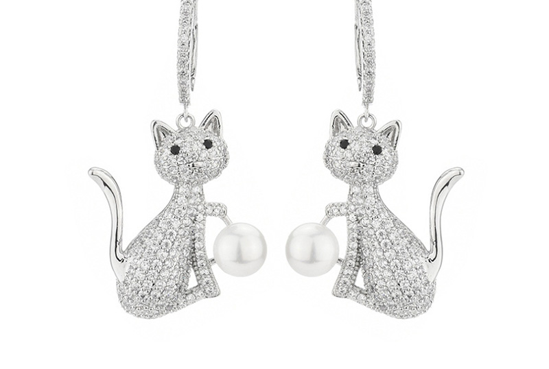 Fashion Silver Cat And Pearl Geometric Earrings With Diamonds,Earrings