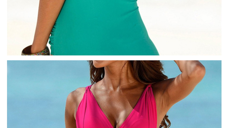 Fashion Green Deep V-neck Pleated One-piece Swimsuit,One Pieces
