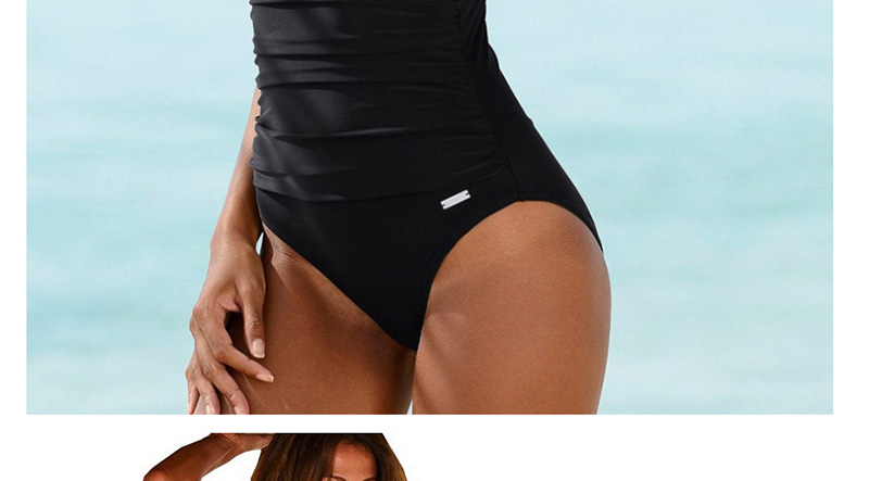Fashion Black Deep V-neck Pleated One-piece Swimsuit,One Pieces