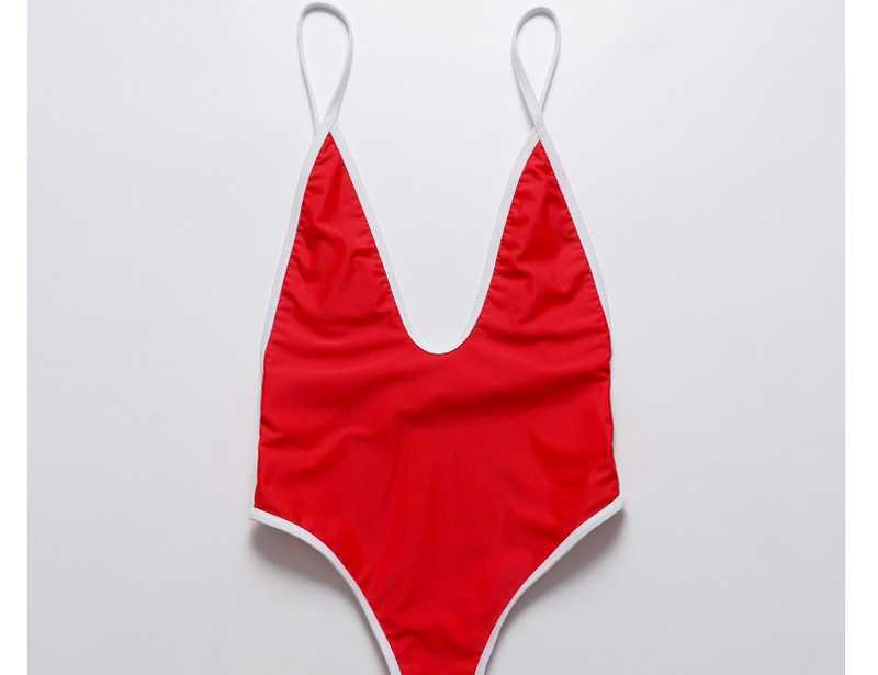 Fashion Red Deep V-neck One-piece Swimsuit With Suspenders,One Pieces