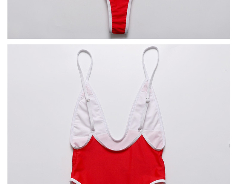 Fashion Red Deep V-neck One-piece Swimsuit With Suspenders,One Pieces