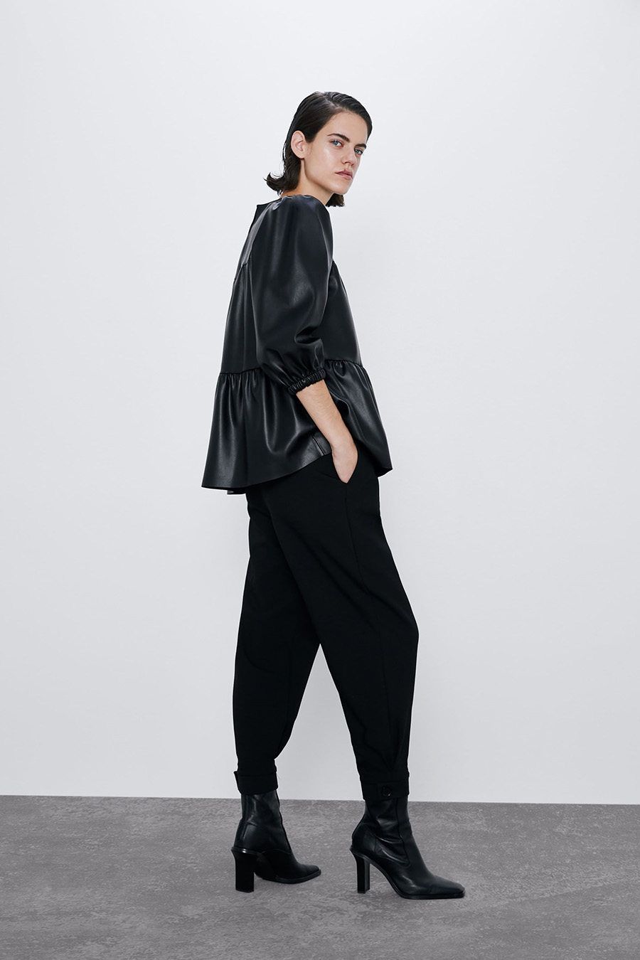 Fashion Black Laminated Faux Leather Top,Coat-Jacket
