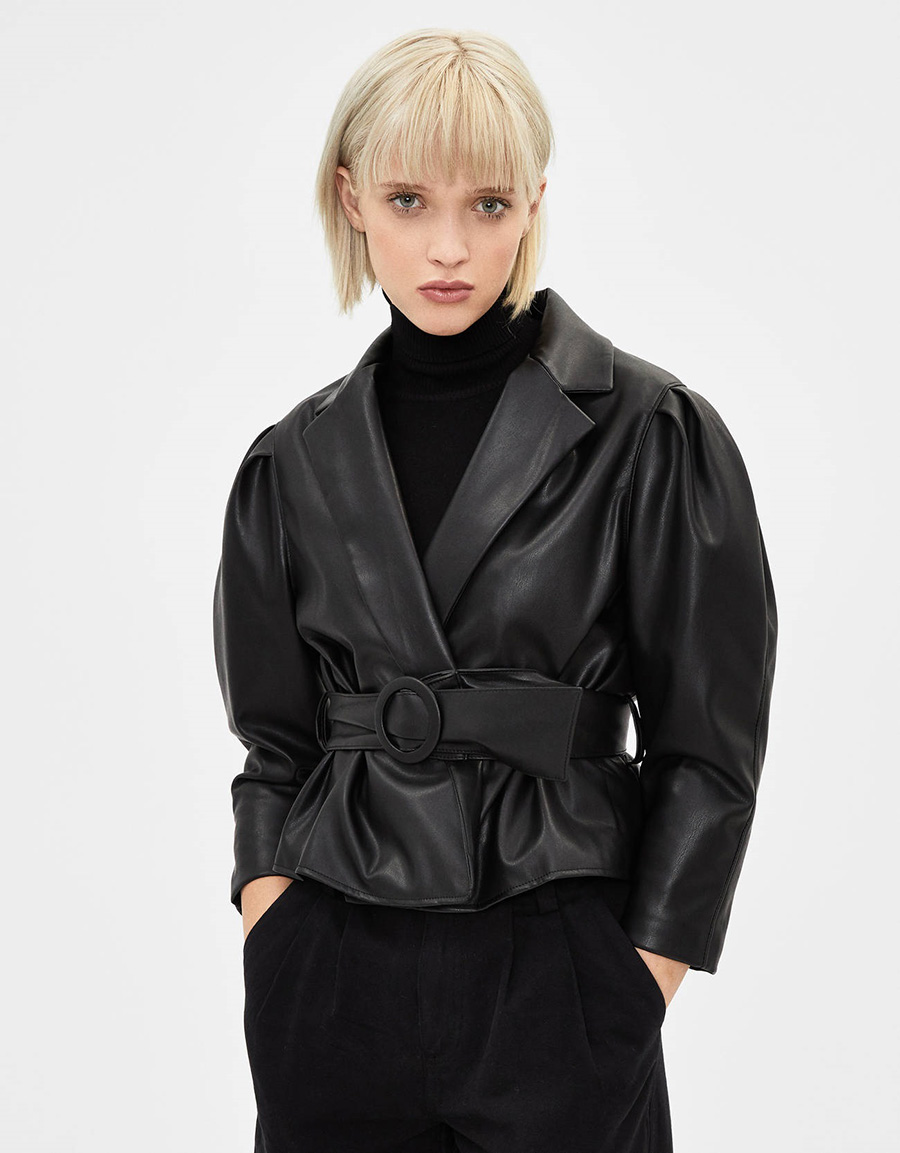 Fashion Black Short Faux Leather Jacket With Belt,Coat-Jacket