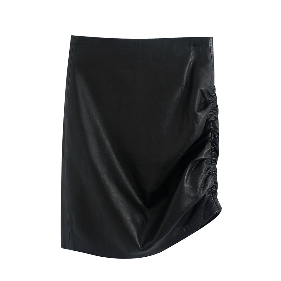 Fashion Black Ruched Faux Leather Miniskirt,Skirts