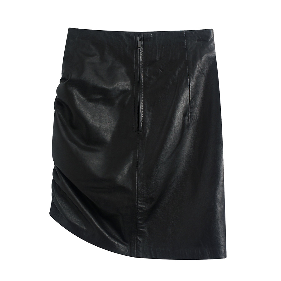 Fashion Black Ruched Faux Leather Miniskirt,Skirts