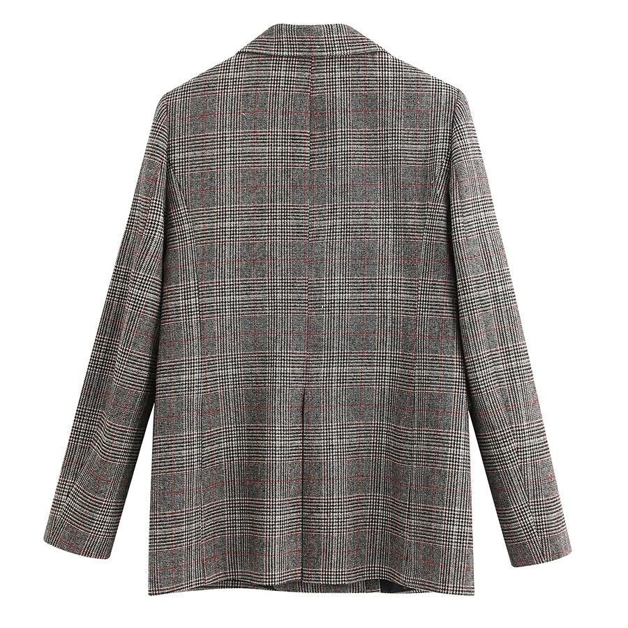 Fashion Gray Plaid Double Breasted Blazer,Coat-Jacket