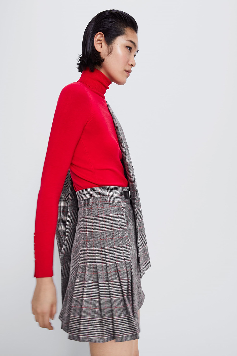 Fashion Gray Plaid Belt Buckled Pleated Skirt,Skirts