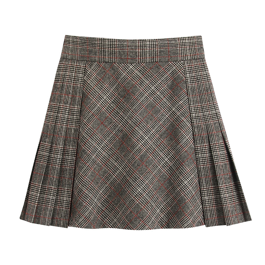 Fashion Gray Plaid Belt Buckled Pleated Skirt,Skirts