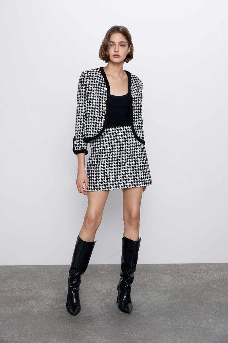 Fashion Black And White Tweed Button-down Coat,Coat-Jacket