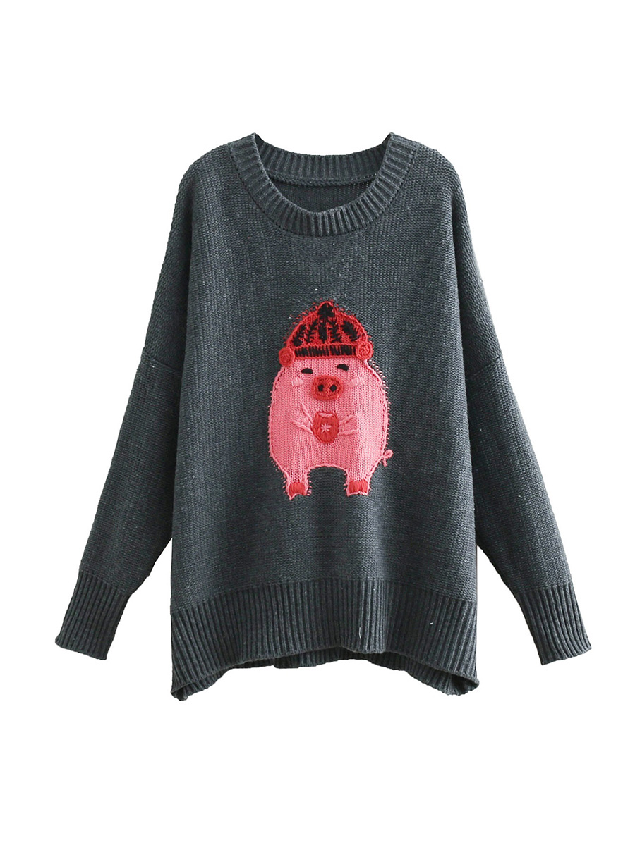 Fashion Gray Piglet Hooded Embroidered Sweater,Sweater