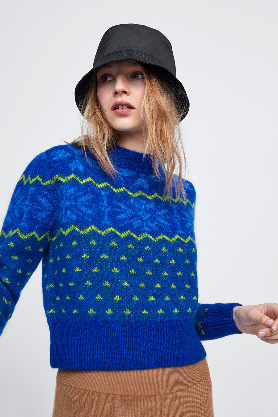 Fashion Blue Jacquard Jacquard Contrast Short Sweater,Sweater